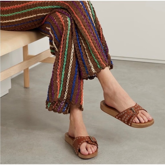Isabel Marant Shoes - Isabel Marant Jaso Slide Sandal 40 Tan Leather Wood Studded Designer Luxury Boho